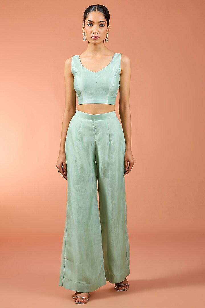Mint Green Bemberg Satin Bell-Bottom Pant Set by SURBHI SHAH at Pernia's Pop Up Shop