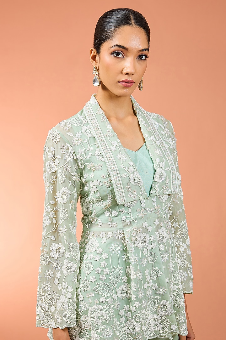 Mint Green Bemberg Satin Bell-Bottom Pant Set by SURBHI SHAH at Pernia's Pop Up Shop