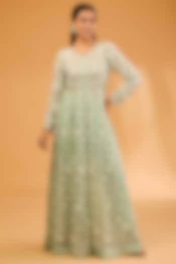 Sea Green Organza Pearl Work Jacket Set by SURBHI SHAH at Pernia's Pop Up Shop