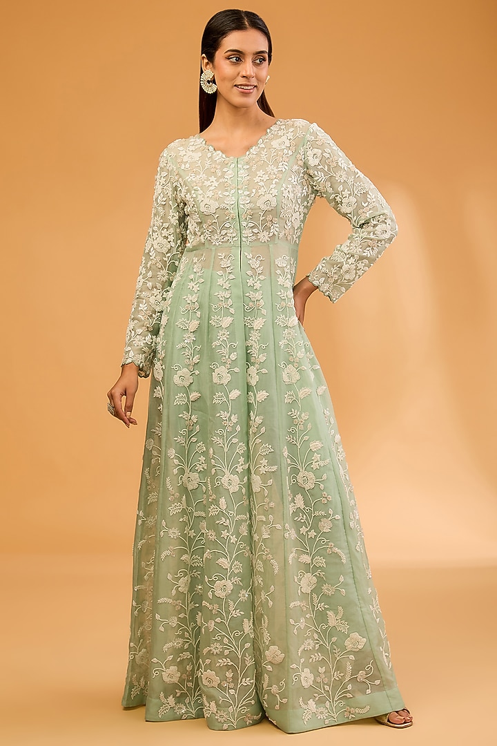 Sea Green Organza Pearl Work Jacket Set by SURBHI SHAH at Pernia's Pop Up Shop