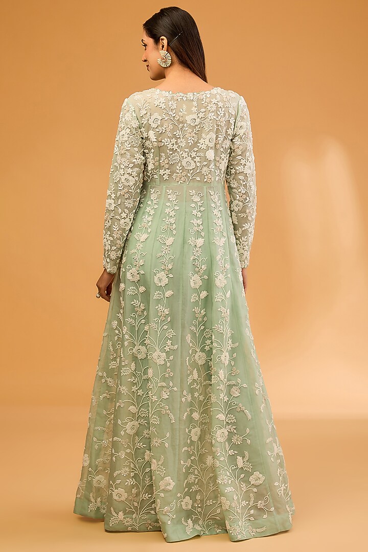 Sea Green Organza Pearl Work Jacket Set by SURBHI SHAH at Pernia's Pop Up Shop
