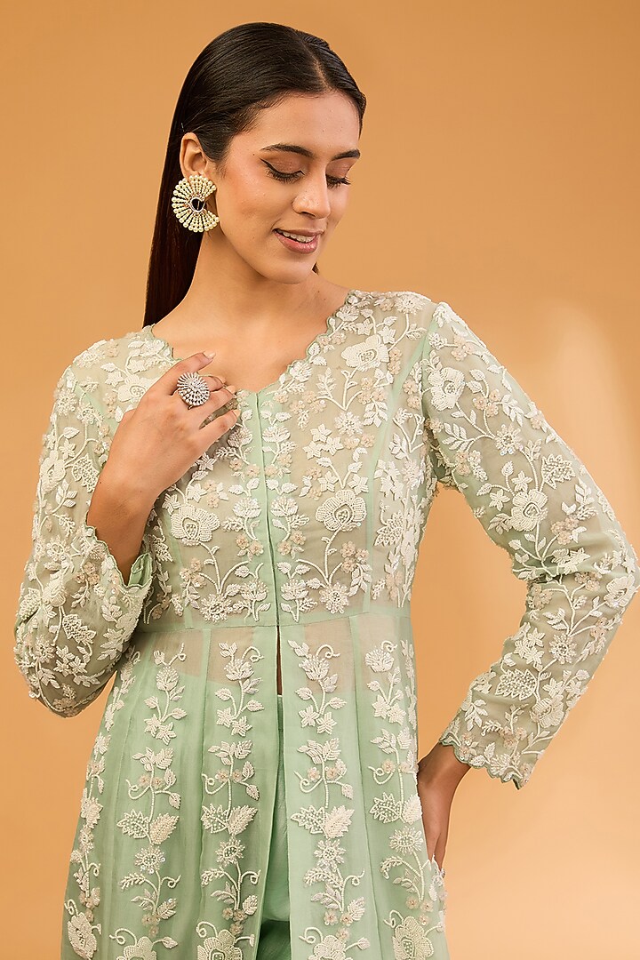 Sea Green Organza Pearl Work Jacket Set by SURBHI SHAH at Pernia's Pop Up Shop