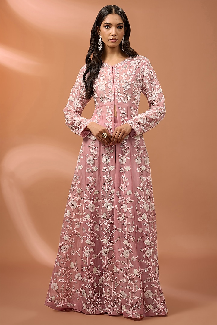 Pink Organza Pearl Work Long Jacket Set by SURBHI SHAH at Pernia's Pop Up Shop