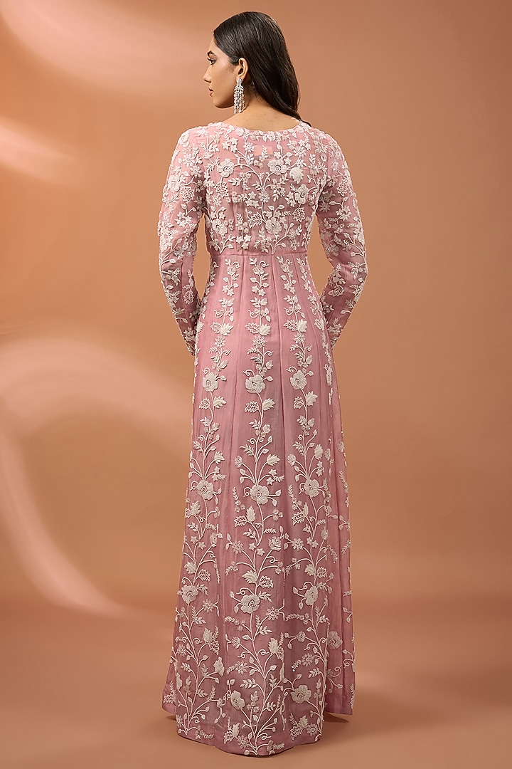 Pink Organza Pearl Work Long Jacket Set by SURBHI SHAH at Pernia's Pop Up Shop
