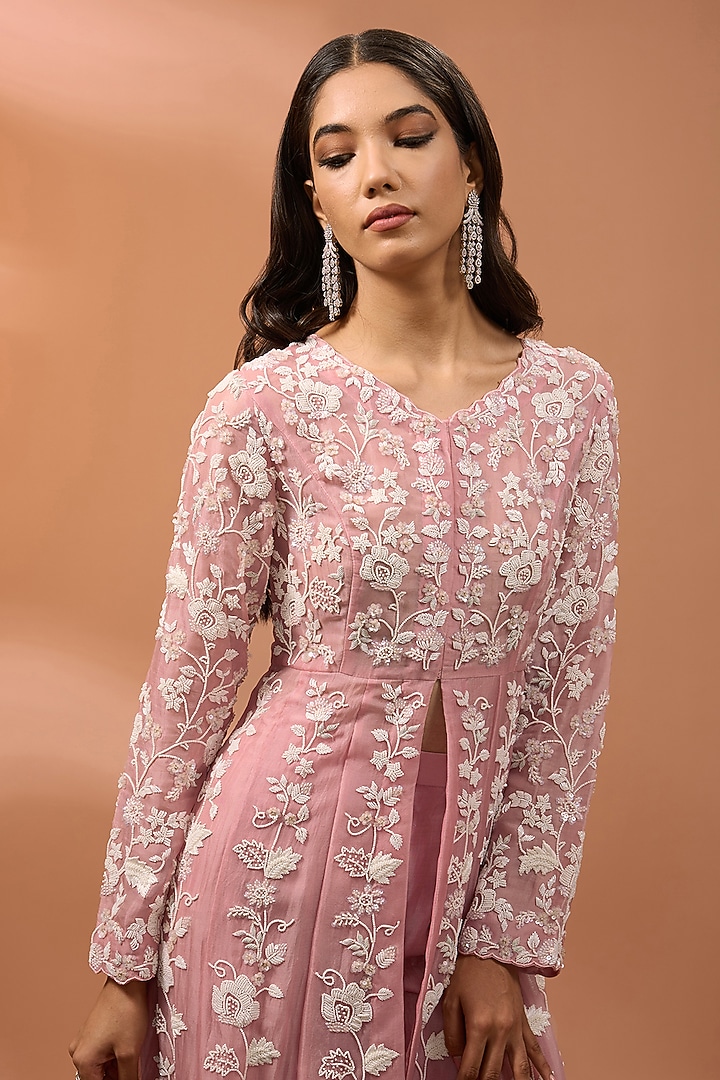 Pink Organza Pearl Work Long Jacket Set by SURBHI SHAH at Pernia's Pop Up Shop