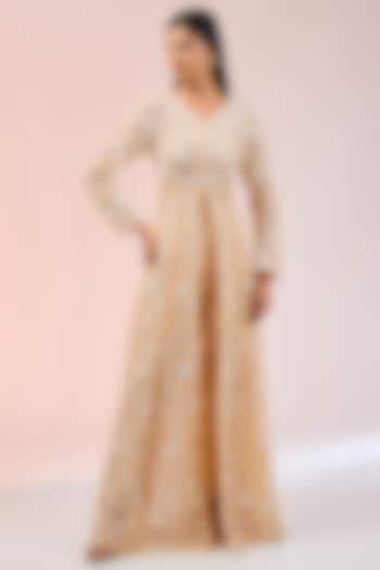 Champagne Gold Organza Pearl Work Long Jacket Set by SURBHI SHAH at Pernia's Pop Up Shop