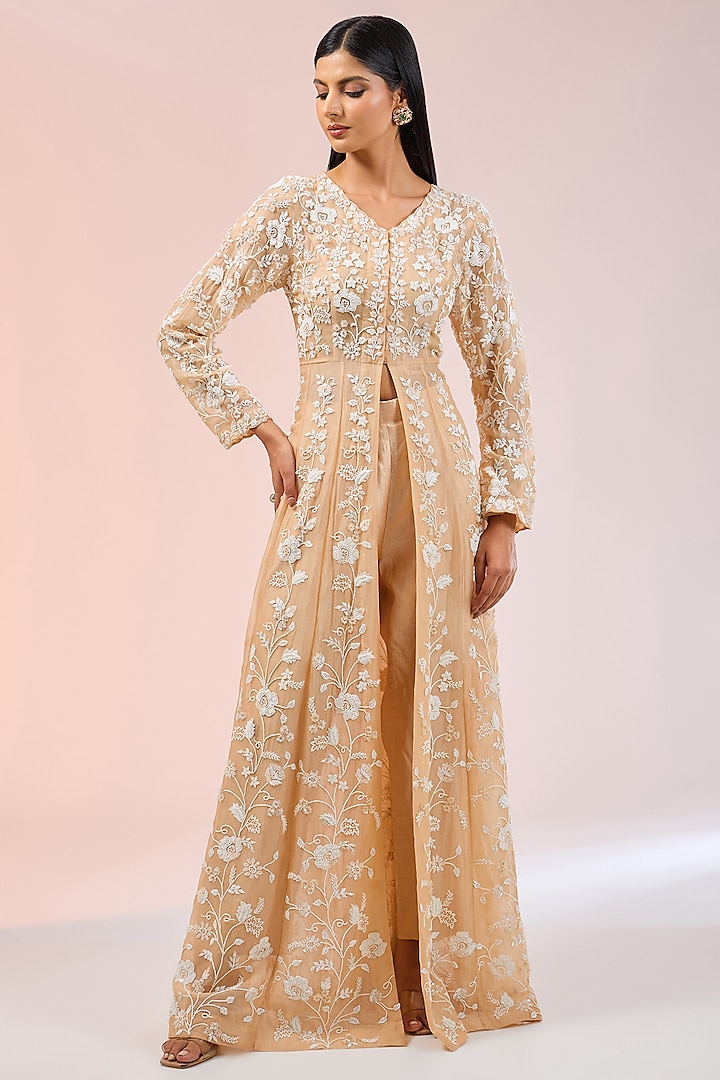 Champagne Gold Organza Pearl Work Long Jacket Set by SURBHI SHAH at Pernia's Pop Up Shop