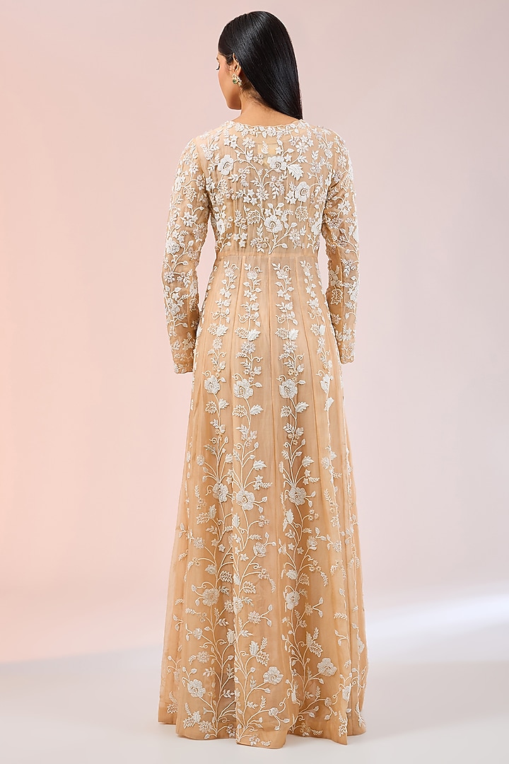 Champagne Gold Organza Pearl Work Long Jacket Set by SURBHI SHAH at Pernia's Pop Up Shop