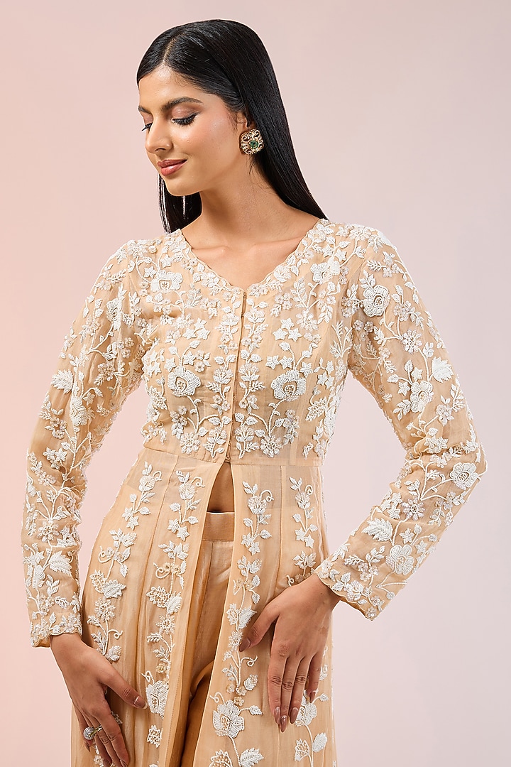 Champagne Gold Organza Pearl Work Long Jacket Set by SURBHI SHAH at Pernia's Pop Up Shop