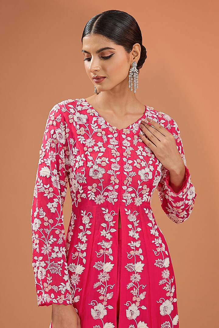 Red Organza Pearl Work Long Jacket Set by SURBHI SHAH at Pernia's Pop Up Shop