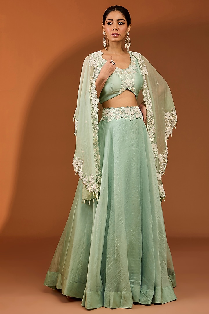 Sea Green Organza Skirt Set by SURBHI SHAH at Pernia's Pop Up Shop