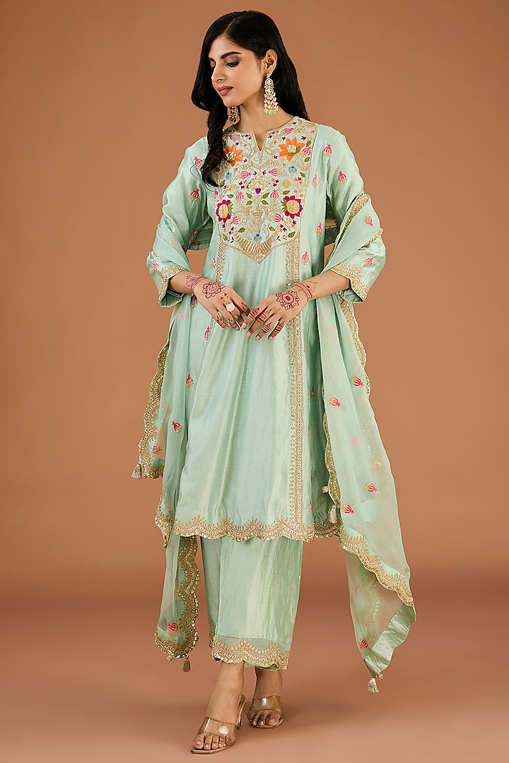 Powder Green Spun Silk Marori Work Kurta Set by SURBHI SHAH at Pernia's Pop Up Shop