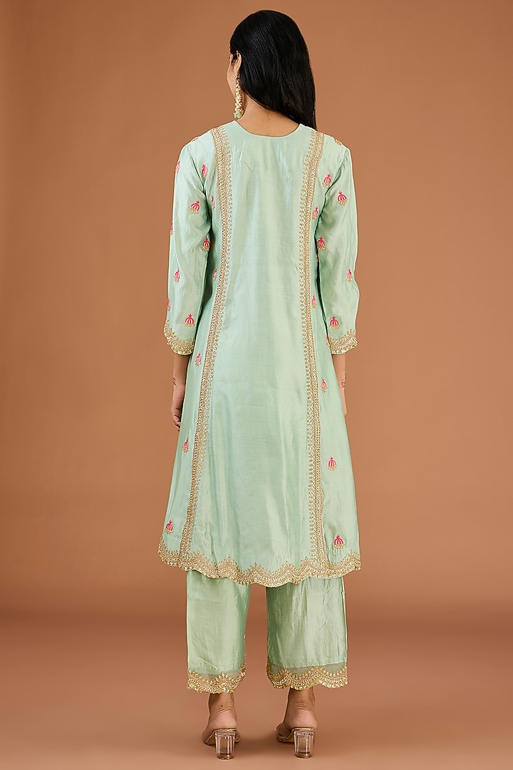 Powder Green Spun Silk Marori Work Kurta Set by SURBHI SHAH at Pernia's Pop Up Shop