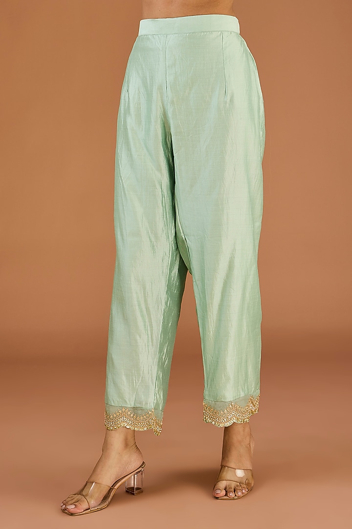 Powder Green Spun Silk Marori Work Kurta Set by SURBHI SHAH at Pernia's Pop Up Shop