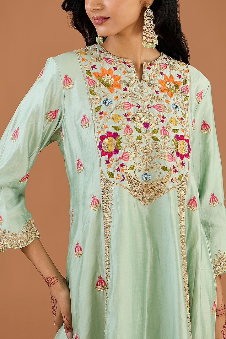 Powder Green Spun Silk Marori Work Kurta Set by SURBHI SHAH at Pernia's Pop Up Shop
