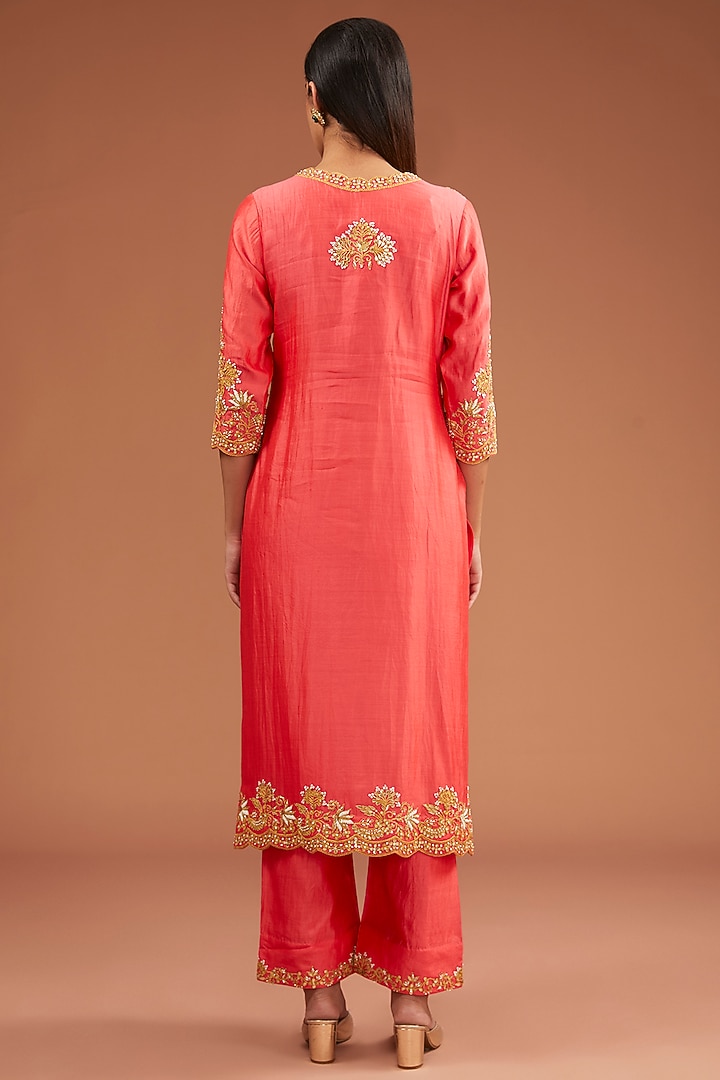 Coral Spun Silk Marori Work Kurta Set by SURBHI SHAH at Pernia's Pop Up Shop