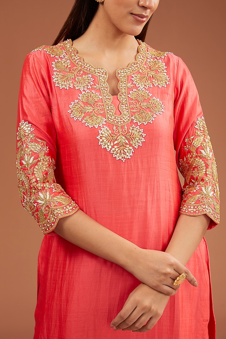 Coral Spun Silk Marori Work Kurta Set by SURBHI SHAH at Pernia's Pop Up Shop