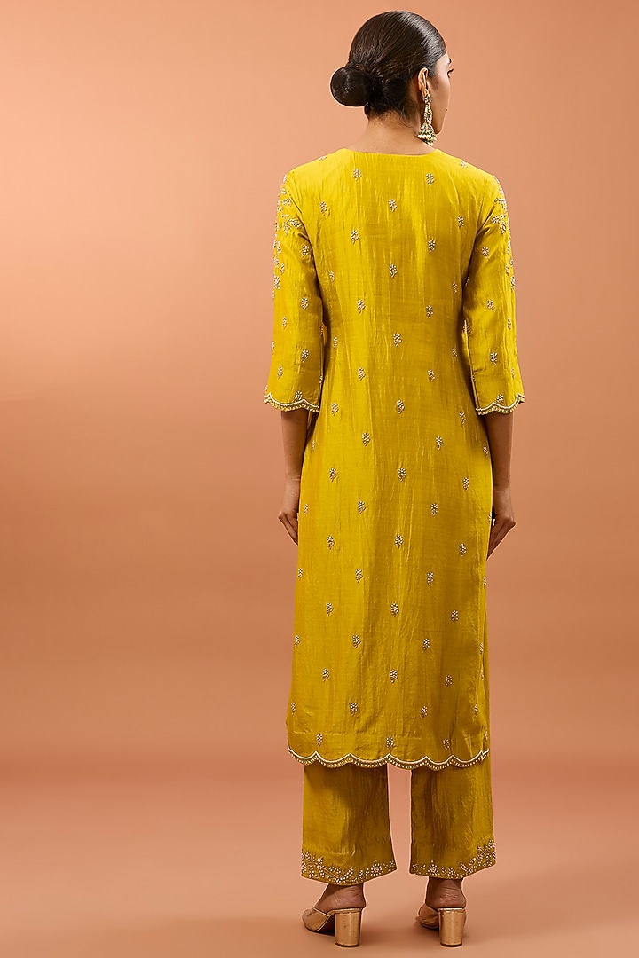 Lime Pure Spun Silk Pearl Work Kurta Set by SURBHI SHAH at Pernia's Pop Up Shop