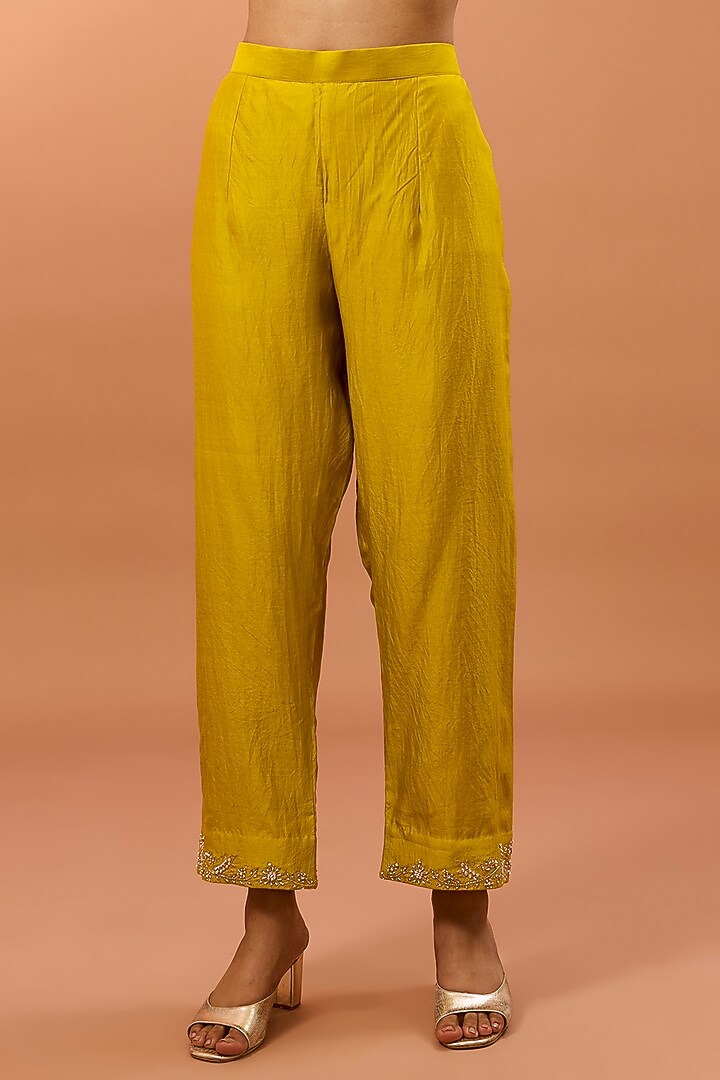 Lime Pure Spun Silk Pearl Work Kurta Set by SURBHI SHAH at Pernia's Pop Up Shop