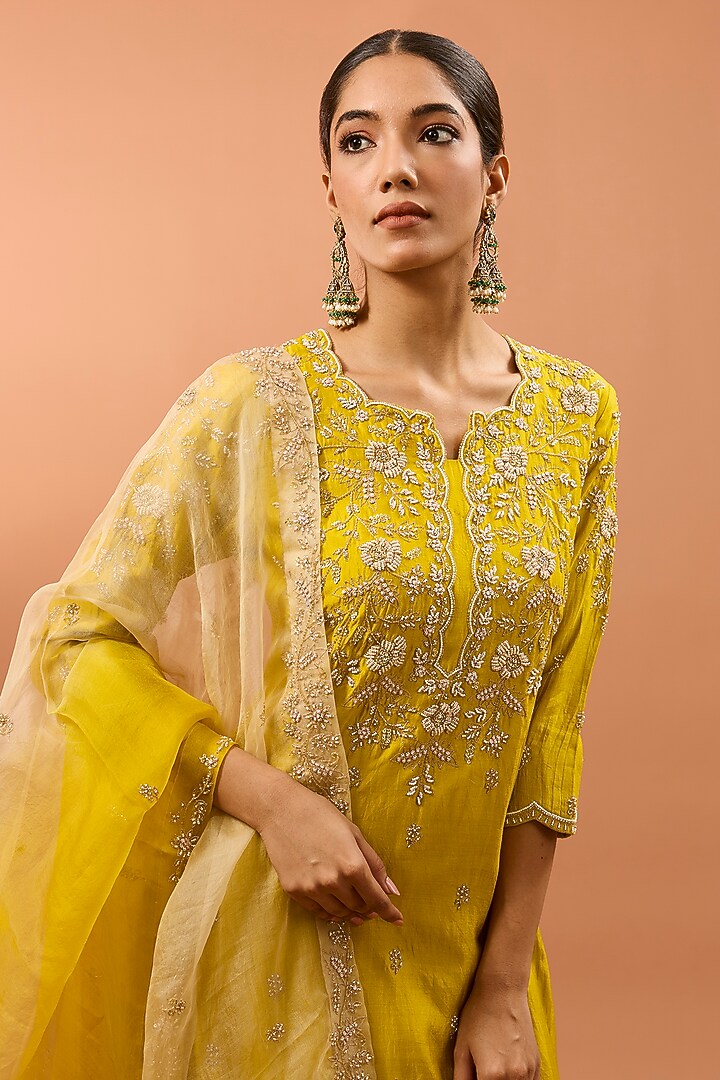 Lime Pure Spun Silk Pearl Work Kurta Set by SURBHI SHAH at Pernia's Pop Up Shop