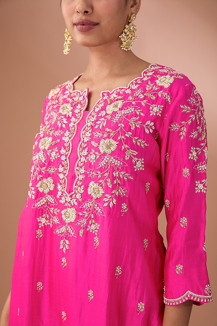 Hot Pink Pure Spun Silk Kurta Set by SURBHI SHAH at Pernia's Pop Up Shop