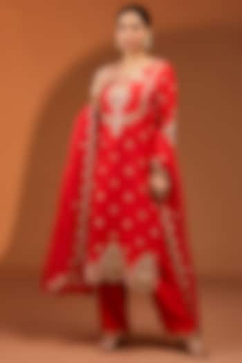 Red Pure Spun Silk Pearl Work Kurta Set by SURBHI SHAH at Pernia's Pop Up Shop