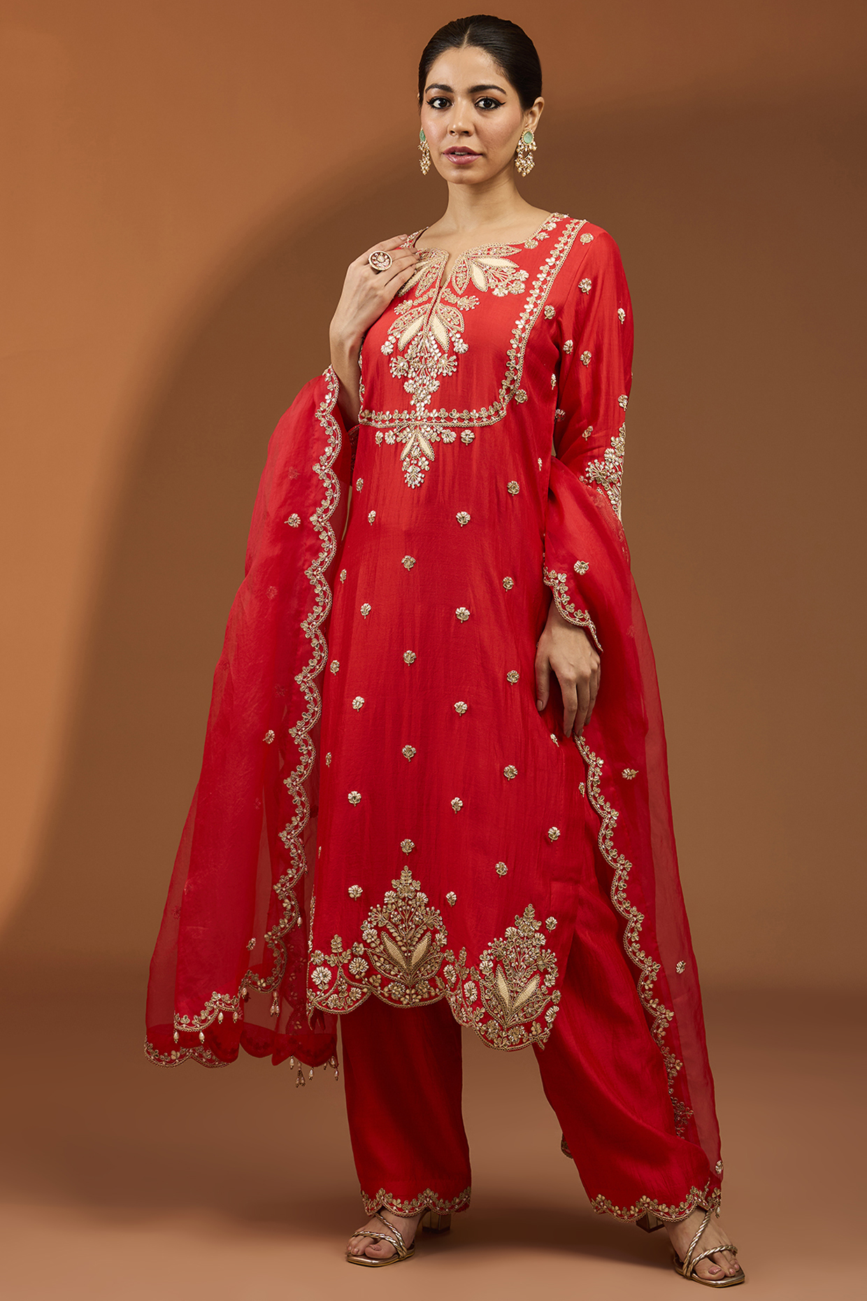Red Pure Spun Silk Pearl Work Kurta Set by SURBHI SHAH at Pernia's Pop Up Shop