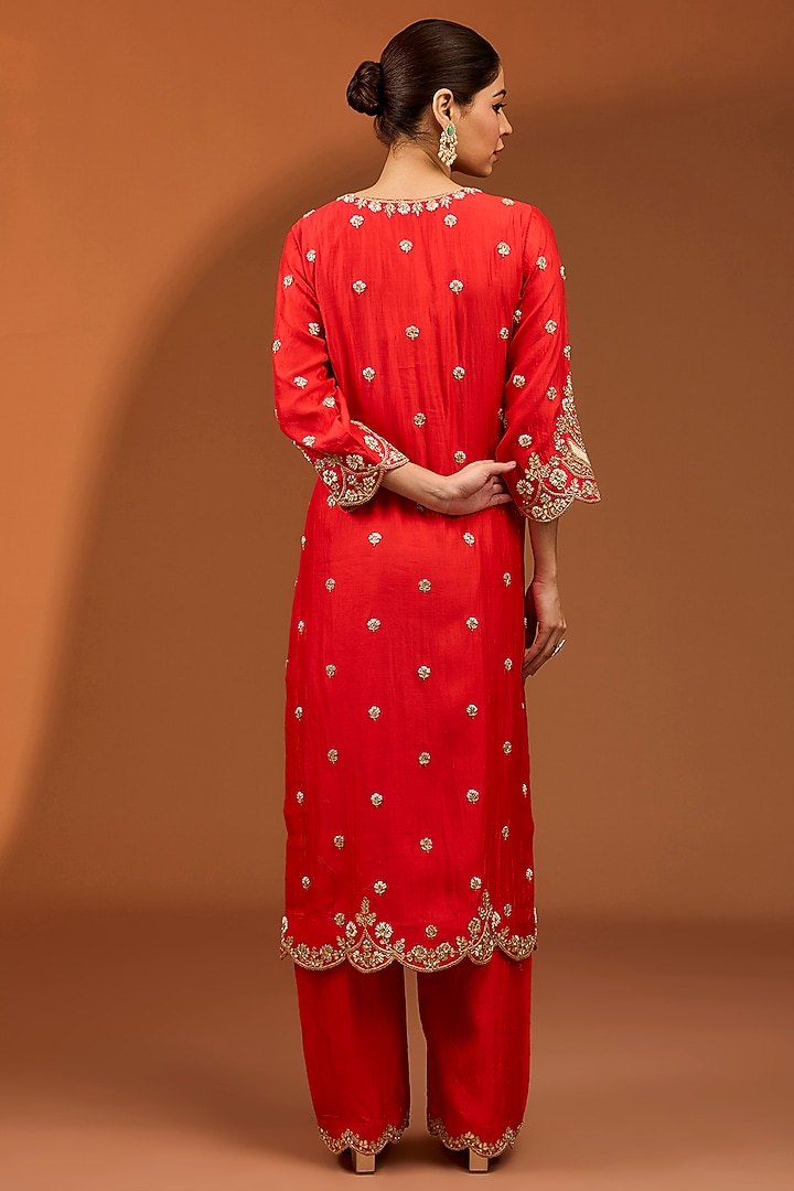 Red Pure Spun Silk Pearl Work Kurta Set by SURBHI SHAH at Pernia's Pop Up Shop