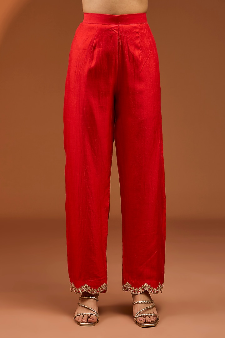 Red Pure Spun Silk Pearl Work Kurta Set by SURBHI SHAH at Pernia's Pop Up Shop