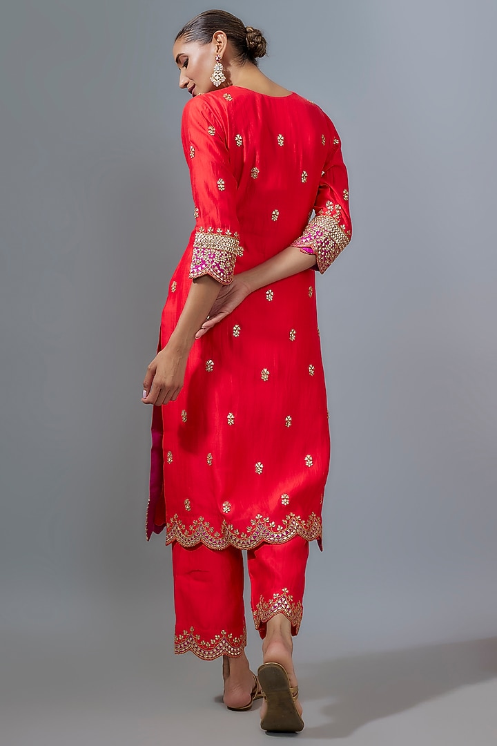 Sunset Orange Pure Spun Silk Marori Patch Work Kurta Set by SURBHI SHAH at Pernia's Pop Up Shop