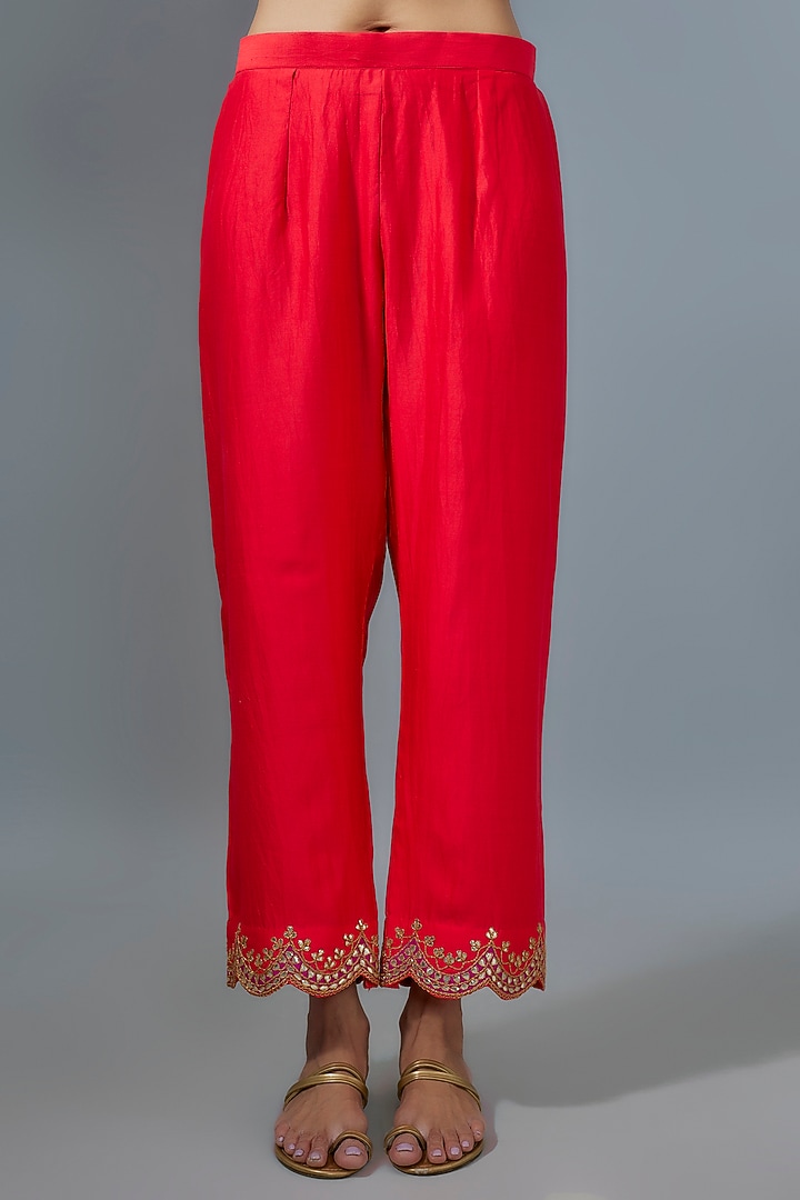 Sunset Orange Pure Spun Silk Marori Patch Work Kurta Set by SURBHI SHAH at Pernia's Pop Up Shop