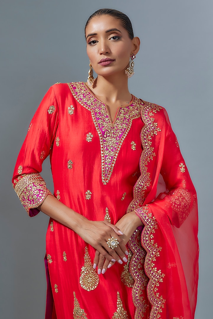 Sunset Orange Pure Spun Silk Marori Patch Work Kurta Set by SURBHI SHAH at Pernia's Pop Up Shop