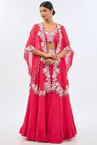 Red Organza Pearl Work Cape Set by SURBHI SHAH