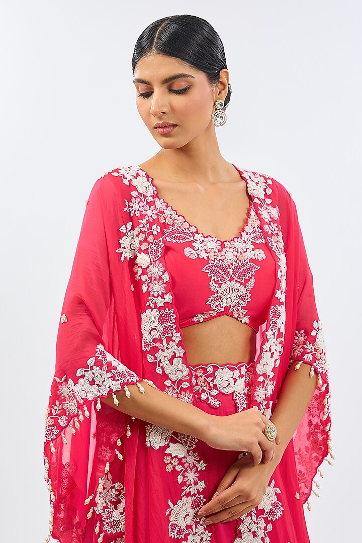 Red Organza Pearl Work Cape Set by SURBHI SHAH at Pernia's Pop Up Shop
