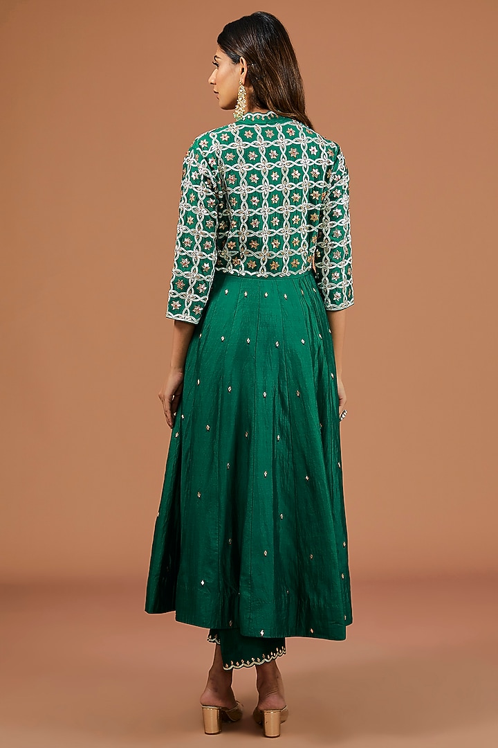 Emerald Green Spun Silk Kachi Patti Work Angrakha Kurta Set by SURBHI SHAH at Pernia's Pop Up Shop