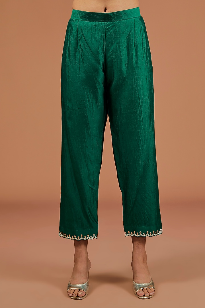 Emerald Green Spun Silk Kachi Patti Work Angrakha Kurta Set by SURBHI SHAH at Pernia's Pop Up Shop