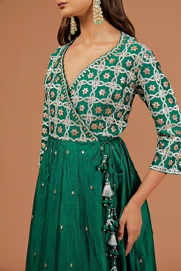Emerald Green Spun Silk Kachi Patti Work Angrakha Kurta Set by SURBHI SHAH at Pernia's Pop Up Shop