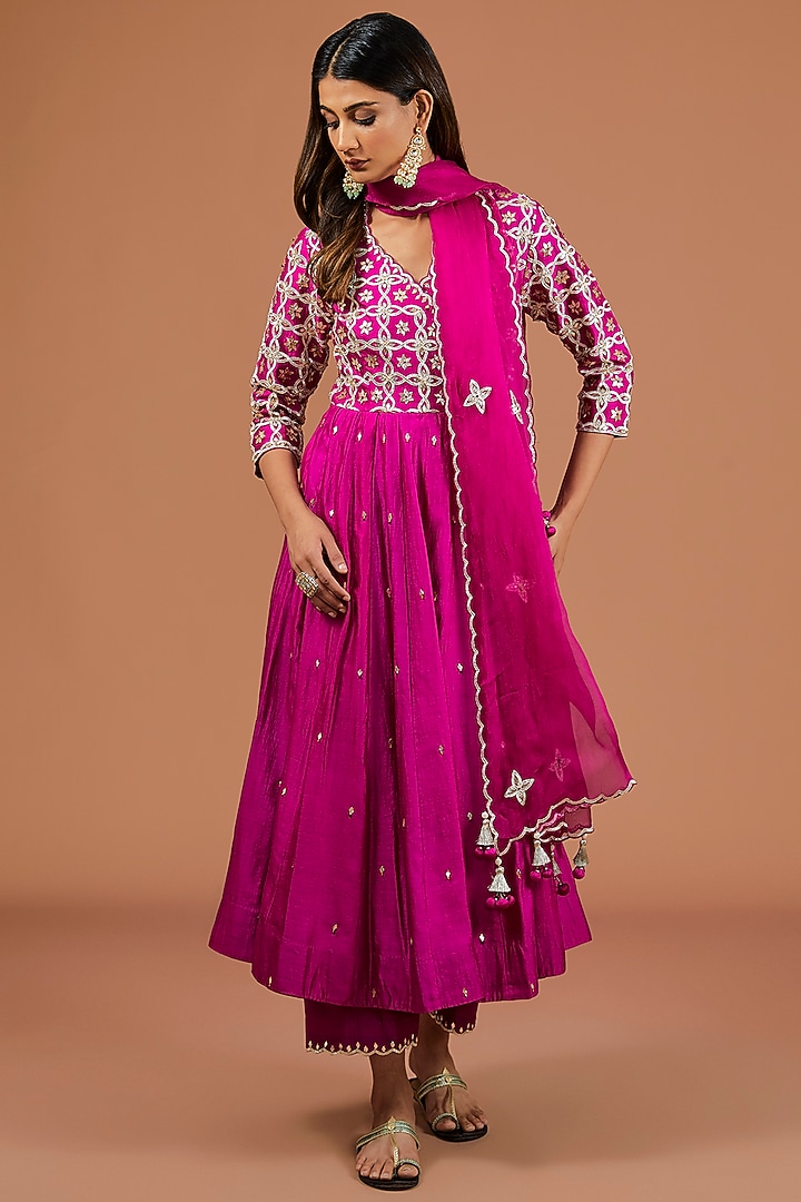 Magenta Spun Silk Angrakha Wedding Anarkali Set by SURBHI SHAH at Pernia's Pop Up Shop