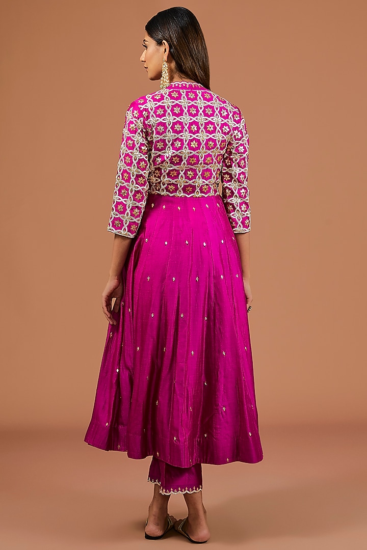Magenta Spun Silk Angrakha Wedding Anarkali Set by SURBHI SHAH at Pernia's Pop Up Shop