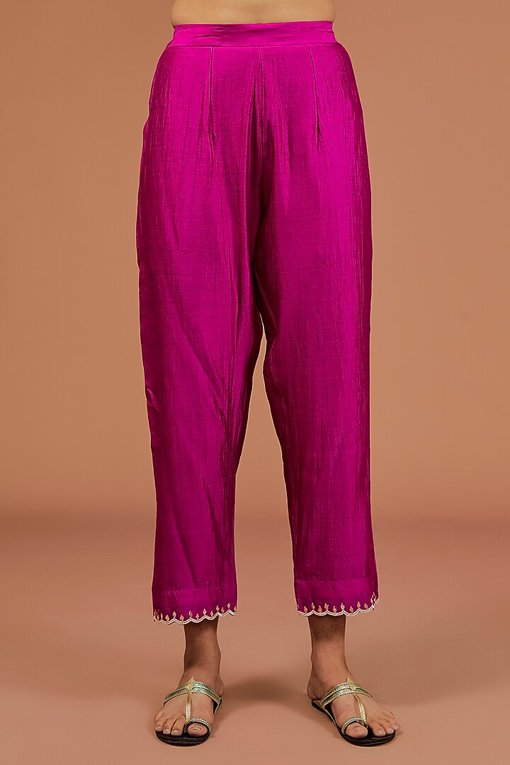 Magenta Spun Silk Angrakha Wedding Anarkali Set by SURBHI SHAH at Pernia's Pop Up Shop