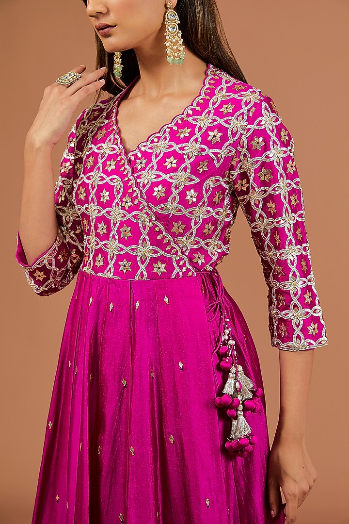 Magenta Spun Silk Angrakha Wedding Anarkali Set by SURBHI SHAH at Pernia's Pop Up Shop