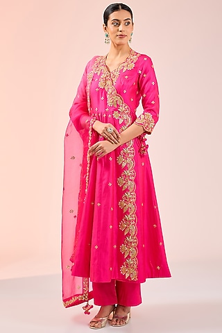 Hot Pink Spun Silk Gota Work Angrakha Kurta Set by SURBHI SHAH