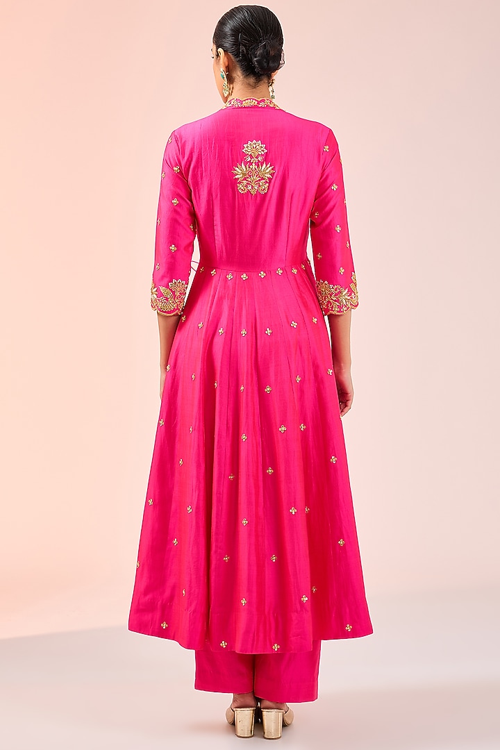 Hot Pink Spun Silk Gota Work Angrakha Kurta Set by SURBHI SHAH at Pernia's Pop Up Shop