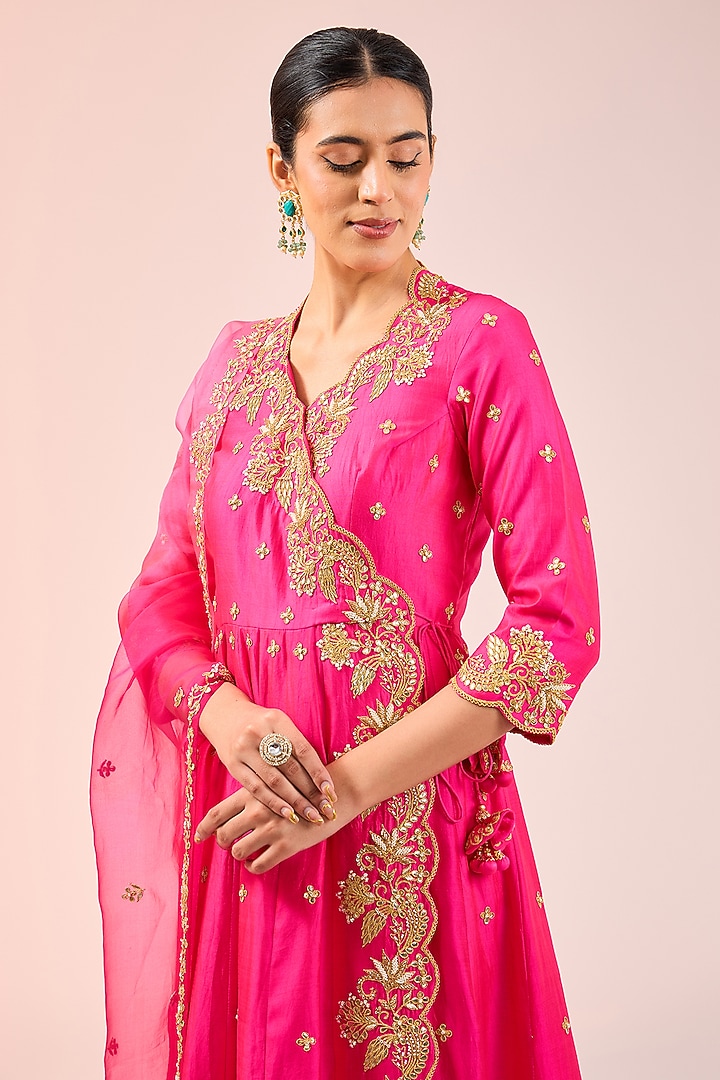 Hot Pink Spun Silk Gota Work Angrakha Kurta Set by SURBHI SHAH at Pernia's Pop Up Shop