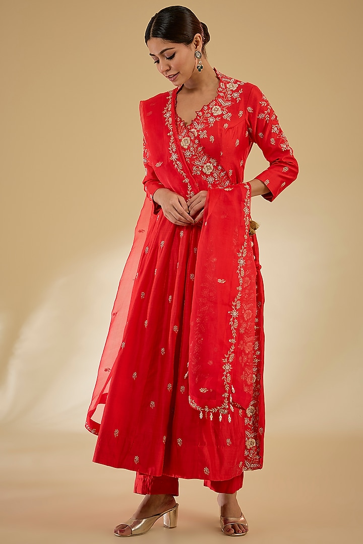 Sunset Orange Pure Spun Silk Pearl Embroidered Angrakha Anarkali Set by SURBHI SHAH at Pernia's Pop Up Shop