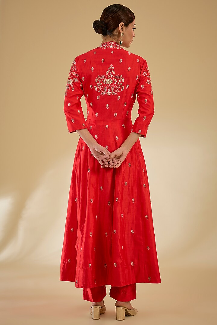 Sunset Orange Pure Spun Silk Pearl Embroidered Angrakha Wedding Anarkali Set by SURBHI SHAH at Pernia's Pop Up Shop