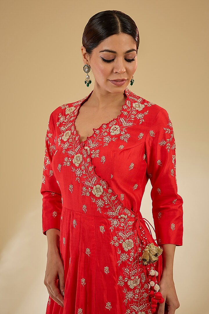 Sunset Orange Pure Spun Silk Pearl Embroidered Angrakha Wedding Anarkali Set by SURBHI SHAH at Pernia's Pop Up Shop
