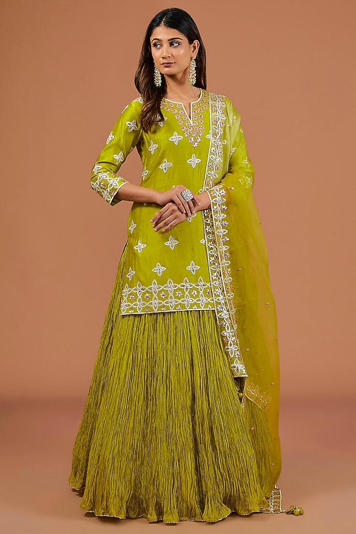 Parrot Green Kora Silk Crushed Skirt Set by SURBHI SHAH at Pernia's Pop Up Shop