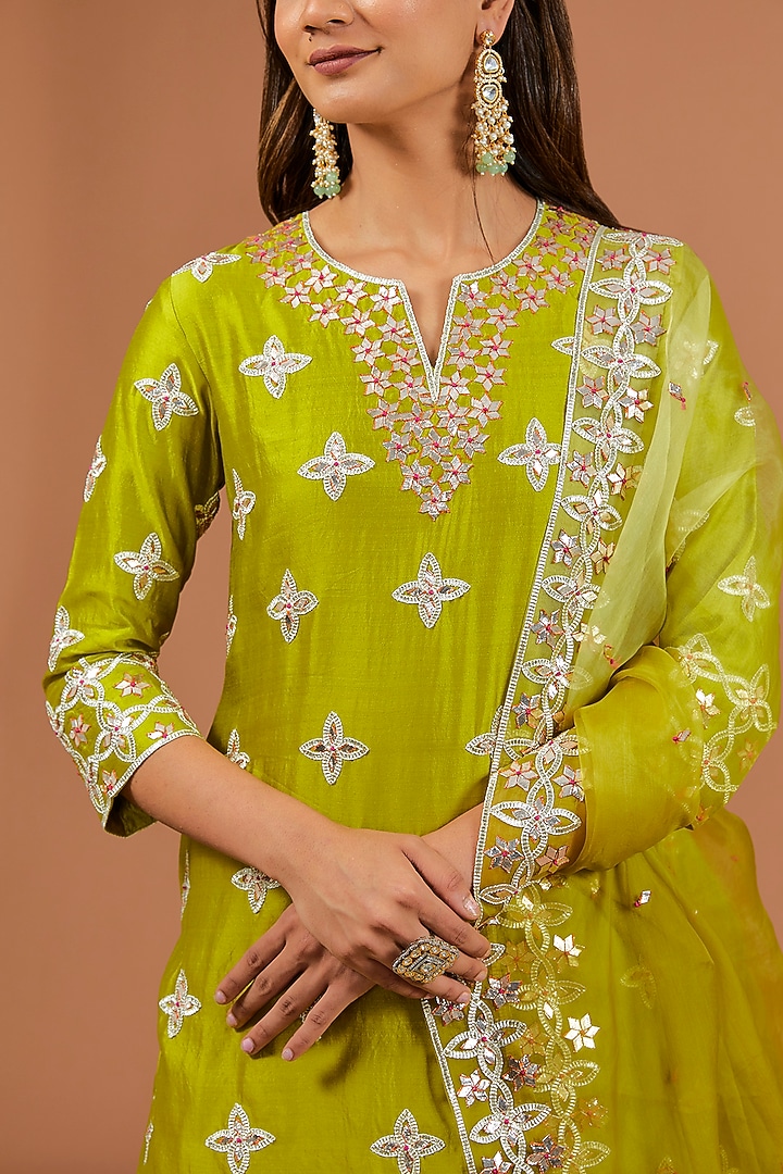 Parrot Green Kora Silk Crushed Skirt Set by SURBHI SHAH at Pernia's Pop Up Shop