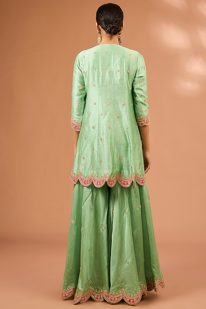 Sea Green Spun Silk Marori Work Wedding Sharara Set by SURBHI SHAH at Pernia's Pop Up Shop